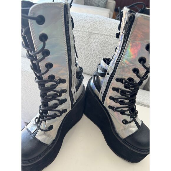 Demonia SWING-120 Mid-Calf Boots Platform Wedge Lace-Up Front Holographic - Picture 4 of 7